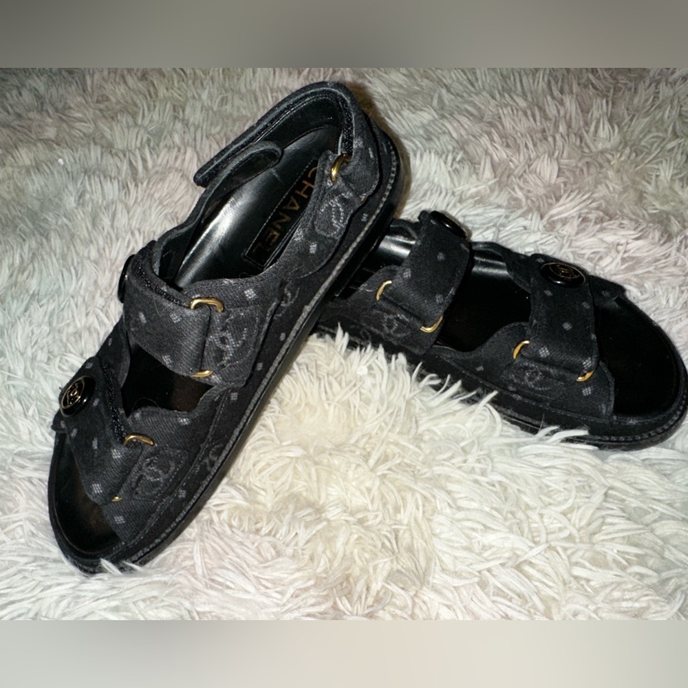 Chanel Dad Sandals CC Logo in Black Denim Size 39 - Picture 3 of 16